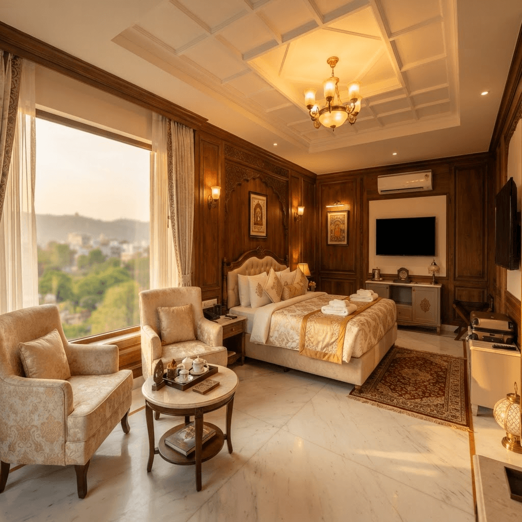 Super Deluxe Room interior at Hotel Shyam Toran Dwar